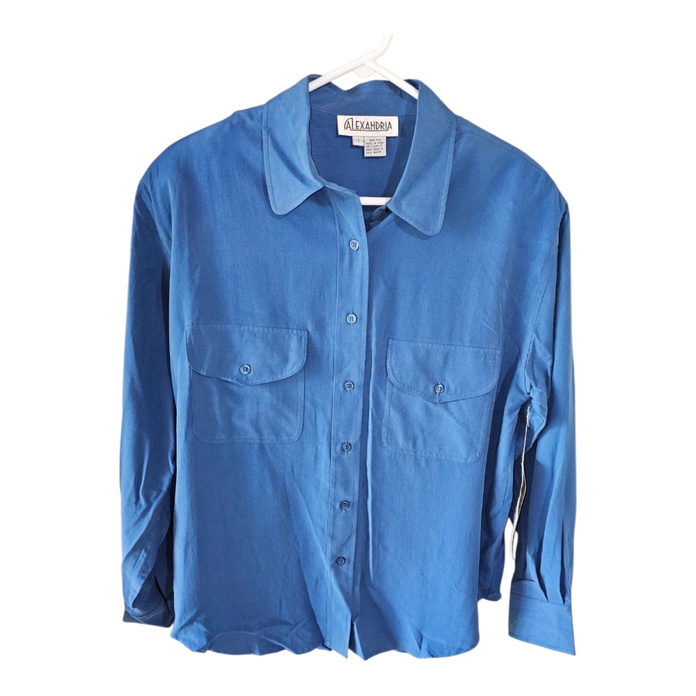 NWT Vintage Alexandria 100% Silk Button-Down Blouse - Blue - Size L